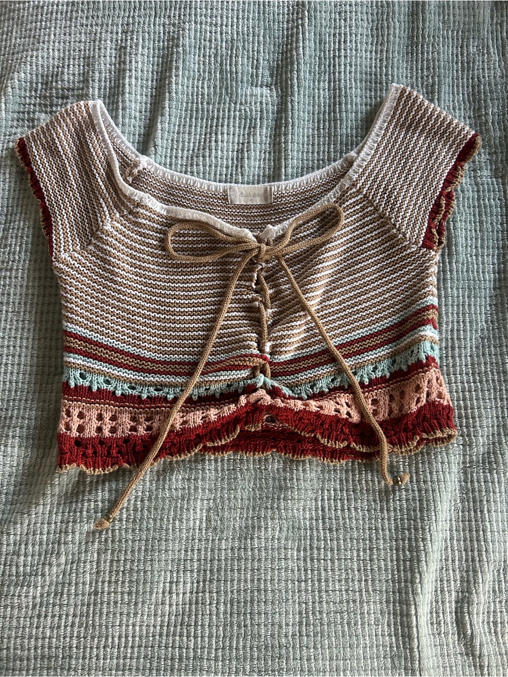 Altar’d State Boho Tie-Front Crochet Crop Top - Beige with Rust & Mint Accents